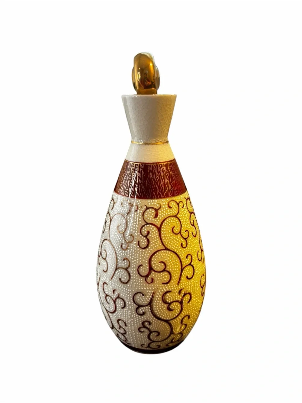 Vintage Japanese Porcelain Sake Bottle Decanter Gold Red Scroll Design 9”